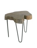 Mesita auxiliar madera de raíz de teca con patas de metal. Medidas: 51x55x55 cm.