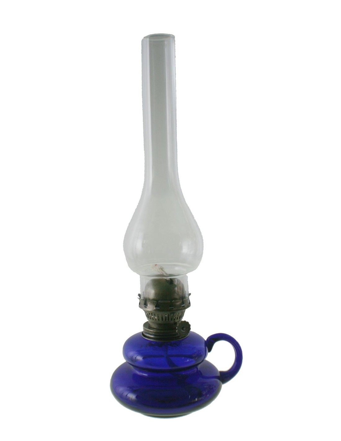 Quinquè palmatòria de vidre base color blau amb subjecció i tulipa decoració vintage llum d'oli.