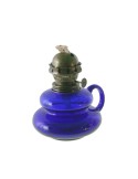 Quinquè palmatòria de vidre base color blau amb subjecció i tulipa decoració vintage llum d'oli.