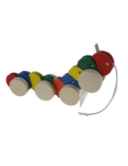 Juguete de arrastre de madera para niños juego infantil educativo de cuerda con forma de gusano. Medidas: 6x30x5,5 cm.