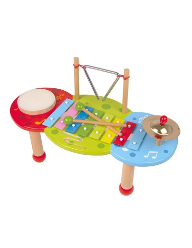 Mesa Musical de Madera Multicolor con Xilófono de 8 Tonos, Aprende y Juega, Juguete Musical Educativo. Medidas:25x45x22 cm.