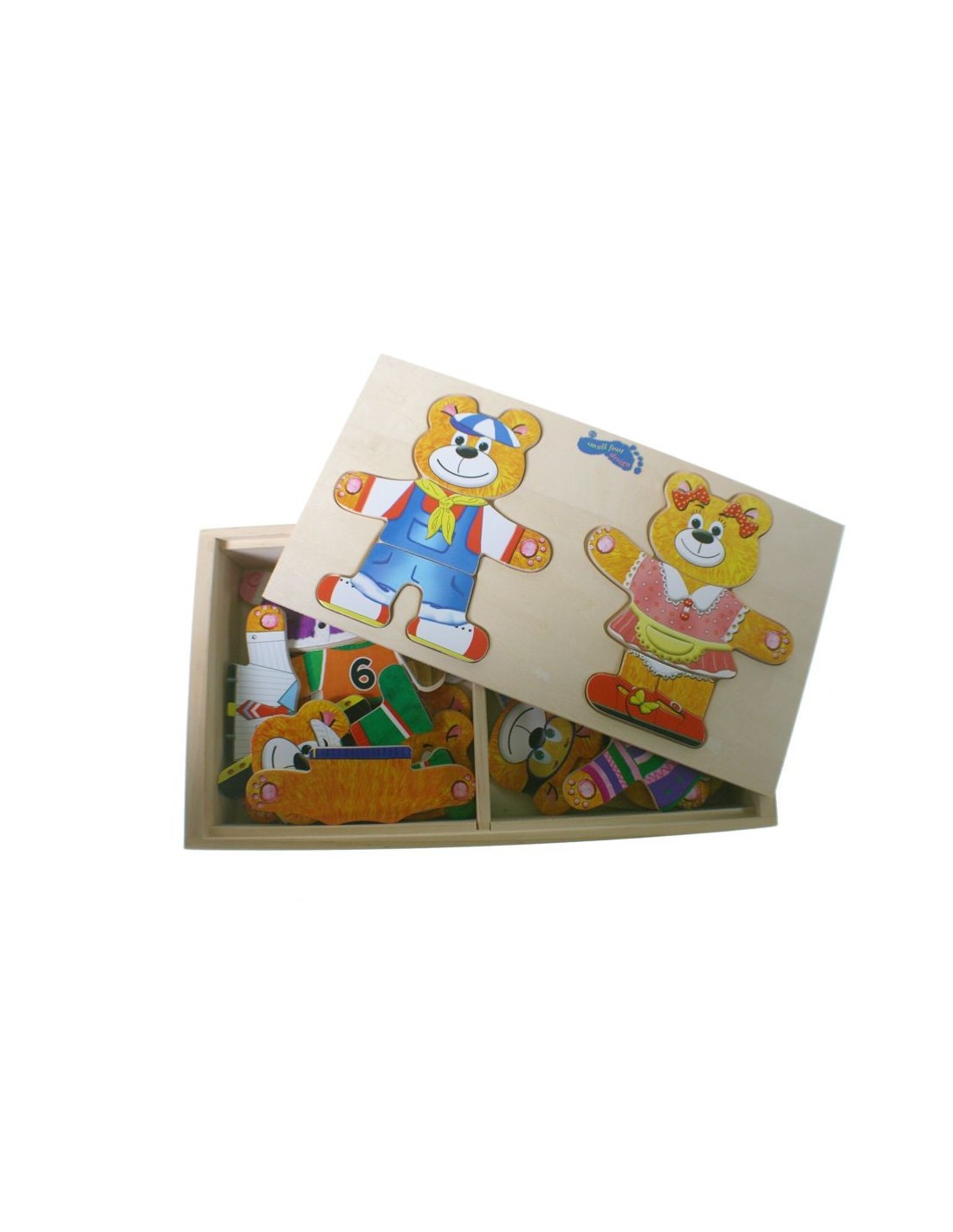 Puzzle Oso y Osa con vestidos para vestir en caja de madera juego clásico y de coordinación infantil.