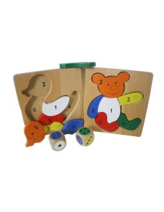 Puzle amb formes d'aneguet i osset amb números de fusta de faig i daus, joc educatiu infantil. Mides caixa: 5x20x25 cm.