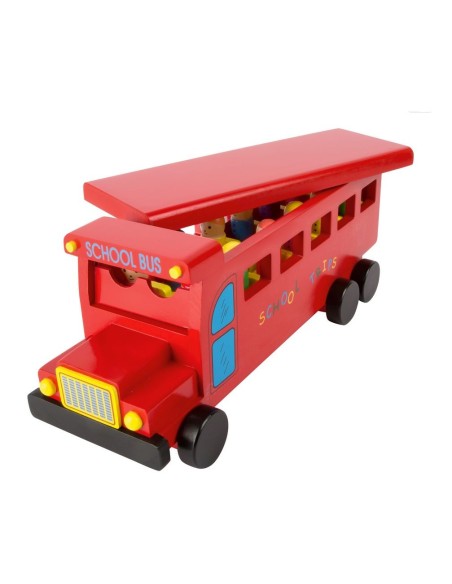 Autobús de fusta massissa color vermell amb peces mòbils. Mesures: 14x35x13 cm.