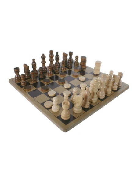 Joc d'escacs i dames de fusta a caixa de metall per a viatge joc de taula d'estratègia. Mides: 6x27x27 cm.