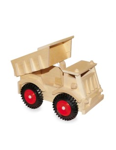 Camión volquete de madera natural con ruedas de plástico. Medidas: 18x28x16 cm.