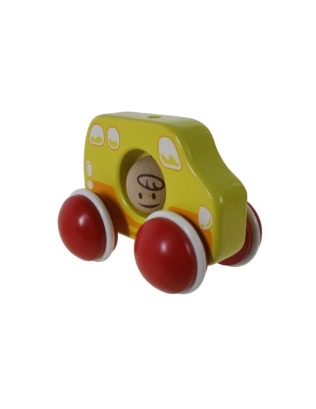 Coche arrastre pequeño de madera maciza con colorido y sonido juguete infantil para bebé. Medidas: 9x12 x7 cm.