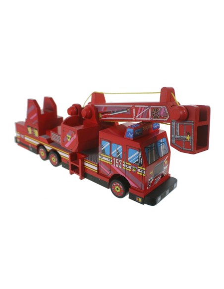 Camion de Pompier en Bois avec Échelle Rotative, Jouet Classique pour Éveiller l'imagination.