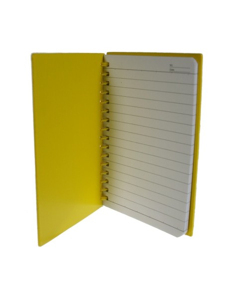 Libreta Infantil Hojas a Rayas con tapas de madera de Color Amarillo decorada con mariquita y sol.