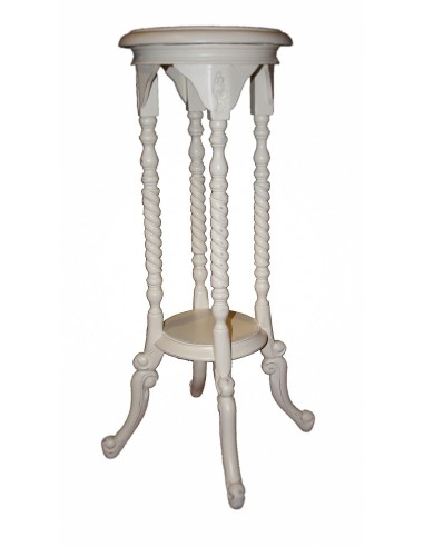 Guéridon en bois blanc antique sculpté à la main, style rustique et vintage.