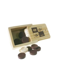 Accessoris, Dames de fusta, 2 colors en caixa per guardar 24 fitxes per a joc de taula de dames. 