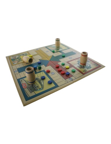 Juego de Parchís estilo vintage en caja de cartón con accesorios de madera, juego de mesa tradicional