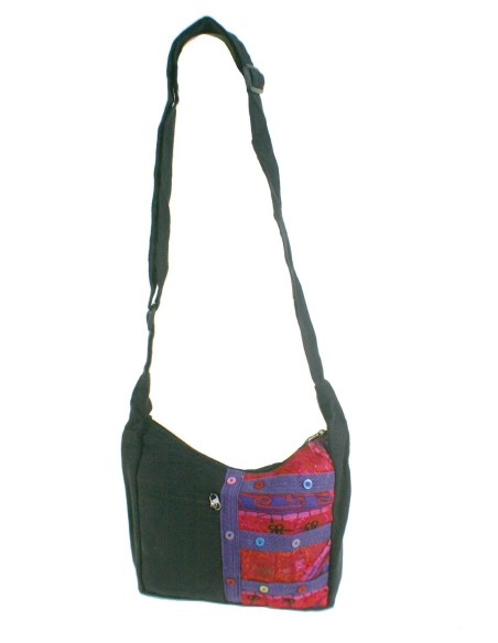 Bolso multiuso étnico bordado hippie con asas de tejido algodón color negro. Medidas: 25x27 cm.