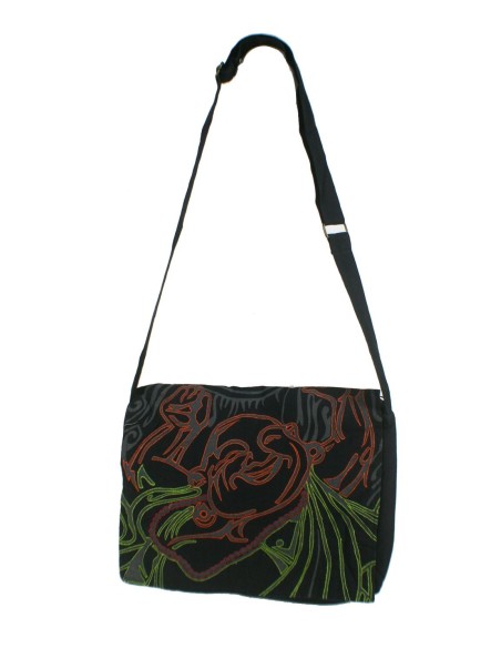 Bolso multiuso étnico bordado hippie con solapa y asas de tejido algodón color negro. Medidas: 29x35 cm. Aprox.