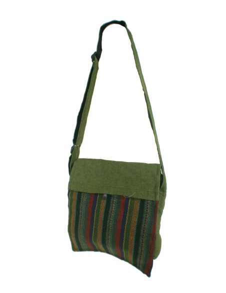 Bolso multiuso diseño étnico hippie con solapa y asas de tejido algodón color verde. Medidas: 29x35 cm. Aprox.