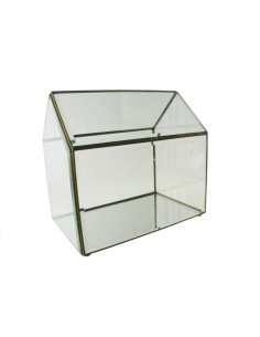 Urna gran de vidre bisellat i perfil metàl·lic amb forma de casa per exposició objectes decoratius