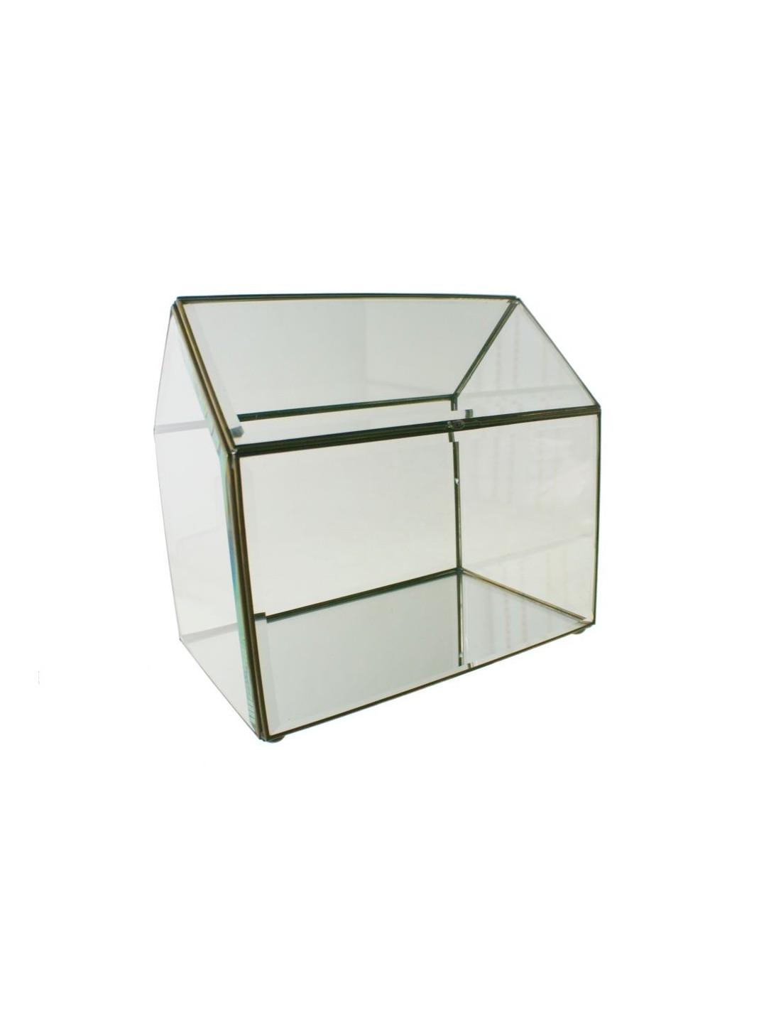 Urna grande de cristal biselado y perfil metálico con forma de casa para exposición objetos decorativos