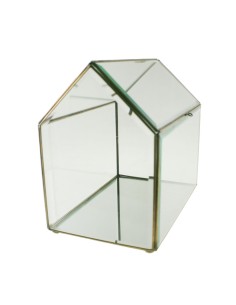 Grande urne en verre biseauté et profilé métallique en forme de maison pour exposer des objets de décoration 2