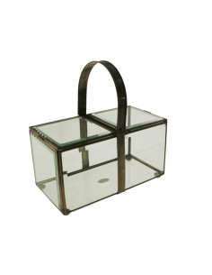 Caja joyero grande de vidrio biselado con perfilaría metálica y asa abatible decoración estilo vintage