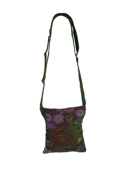Bolso pequeño multiuso diseño ètnico bordado hippie con asa de tejido algodón color verde. Medidas: 24x21 cm.
