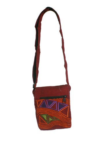 Bolso pequeño étnico bordado hippie asas tejido algodón color granate