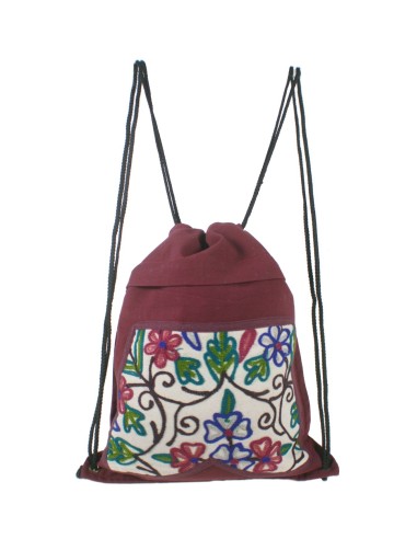 Mochila bolsa de cuerdas hippie bordado étnico color granate