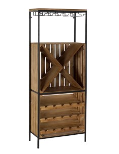 Botellero de madera y metal vertical, mueble auxiliar para botellas de estilo rústico. 