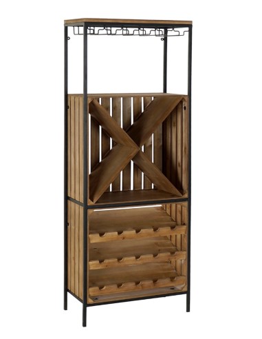 Casier à vin vertical en bois et métal, meuble auxiliaire pour bouteilles de style rustique.
