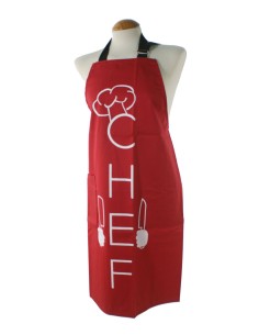 Delantal básico para cocina con anagrama chef de color rojo y blanco con bolsillo y peto ajustable. Medidas: 80x65 cm.