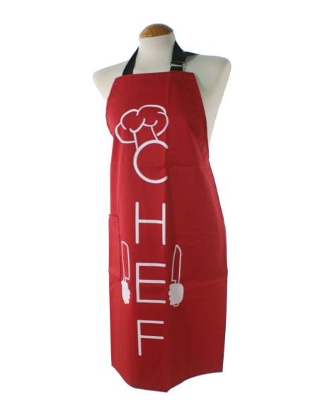 Delantal básico para cocina con anagrama chef de color rojo y blanco con bolsillo y peto ajustable. Medidas: 80x65 cm.