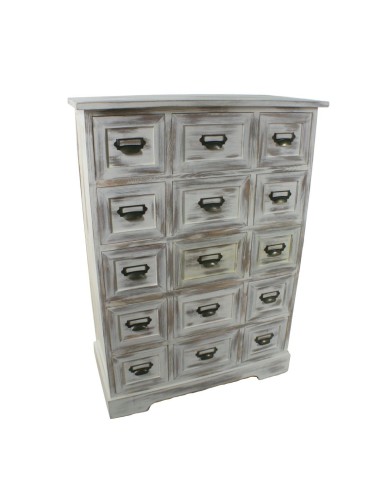 Commode rustique en bois massif avec 15 tiroirs, finition blanche vieillie.