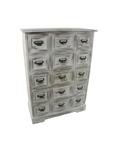 Commode rustique en bois massif avec 15 tiroirs, finition blanche vieillie.