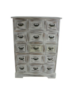 Commode rustique en bois massif avec 15 tiroirs, finition blanche vieillie. 2
