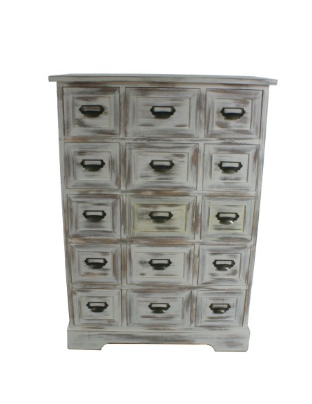 Commode rustique en bois massif avec 15 tiroirs, finition blanche vieillie.