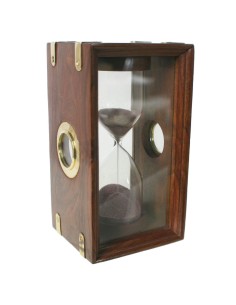Rellotge de sorra giratori 5 minuts de vitrina fusta i aplicacions metall decoració llar estil rústic. Mesures: 18x10x10 cm.