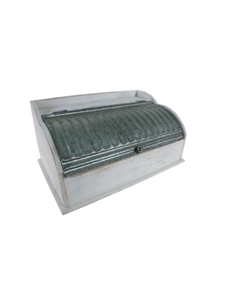 Panera de madera maciza decapada blanco y tapa de zinc para almacenar pan estilo vintage. Medidas: 19x40x25 cm.