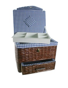 Boîte à couture en osier rembourré avec tiroir et poignée, couvercle capitonné bleu, panier à couture, broderie, bobines, paschw 2