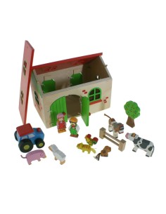 Joguina de granja de fusta amb figures i accessoris de colors amb sostre abatible joc infantil. Mides: 20x14x15 cm.