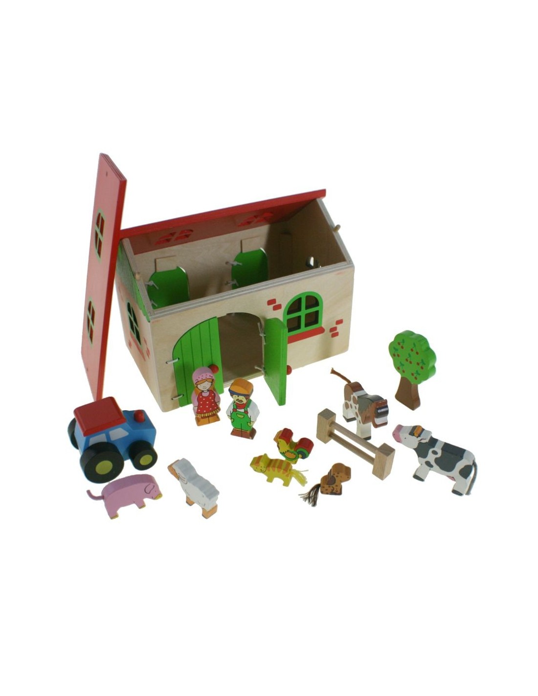 Juguete de granja de madera con figuras y accesorios de colorido con techo abatible juego infantil