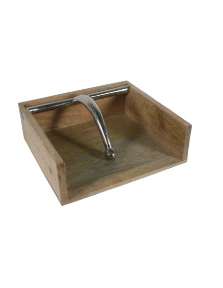 Servilletero de mesa de madera y soporte de metal para servilletas mono uso para cocina estilo vintage. Medidas: 7x19x18 cm.