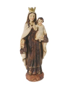 Virgen del Carmen figura religiosa con estuche acabado estilo madera pintado a mano decoración hogar. Medidas: 20 cm.