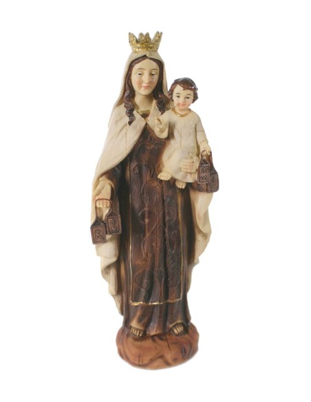 Verge del Carme figura religiosa amb estoig acabat estil fusta pintat a mà decoració llar. Mides: 20 cm.