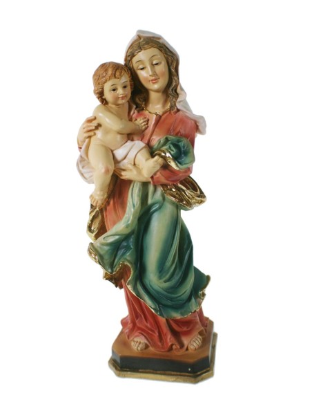 Figura Verge amb Nen o Madonna amb nen Jesús als braços estàtua religiosa pintada a mà decoració llar. Mides: 27 cm.