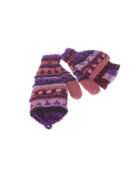 Guantes de lana color lila artesanal de invierno mitones con capucha calientes manoplas unisex: Talla única adulto.