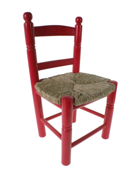Silla infantil de madera y asiento de anea color rojo decoración habitación niño niña y regalo original. Medidas: 53x30x27 cm.