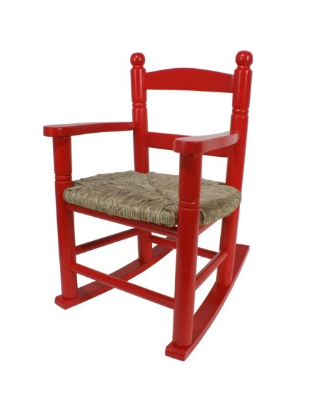 Mecedora infantil de madera asiento de anea color rojo decoración habitación niño niña regalo original. Medidas: 53xx34x42 cm.