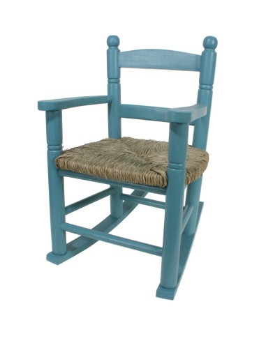 Mecedora infantil de madera y asiento de anea color azul vintage para niño niña regalo original
