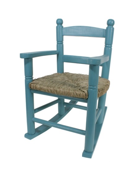 Mecedora infantil de madera asiento de anea color azul vintage niño niña regalo original. Medidas: 53xx34x42 cm.