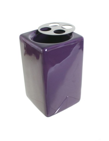 Organizador Porta Cepillos de Dientes de Cerámica Color Lila y Acero Inoxidable.