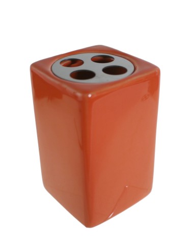 Porte-brosse à dents orange en céramique et acier inoxydable.